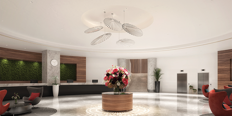 Recessed downlights in stylish indoor lobby